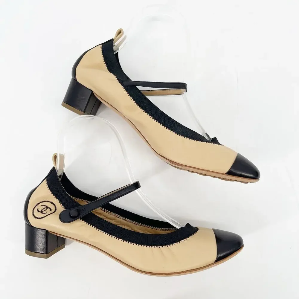 Chanel Retro y2k Beige & Black CC Cap Toe Leather Mary Jane Strap Heels EU 38.5